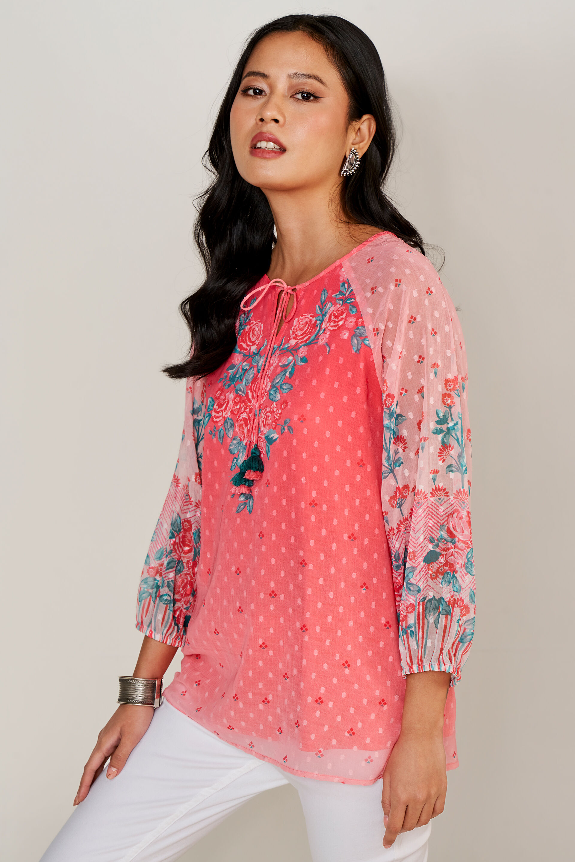 Coral Floral Tassel Straight Top, Coral, image 3